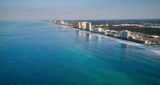 Aerial view of oceanfront high rises in a sunny day