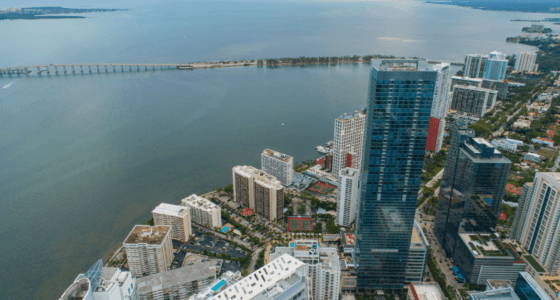 Aerial view of Brickell district, overlooking the Biscayne Bay