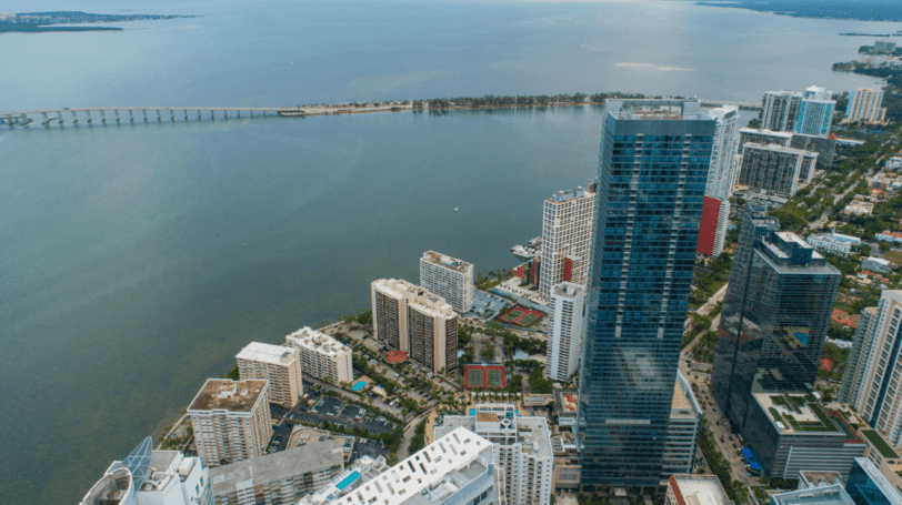 Aerial View Of Brickell District, Overlooking The Biscayne Bay