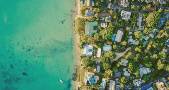 Aerial view of waterfront houses