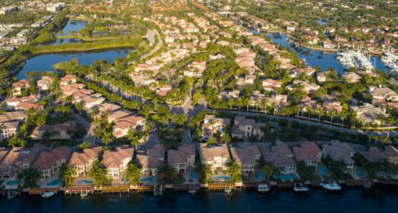 Aerial view of waterfront homes