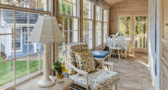 Beautiful and relaxing interior with floor to ceiling windows and a garden background.