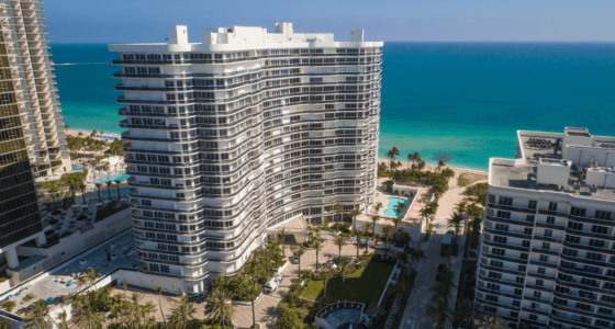 Drone view of a South Florida residential tower facing the sea