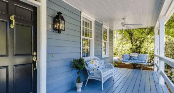 Cozy front porch, in blue and white tones
