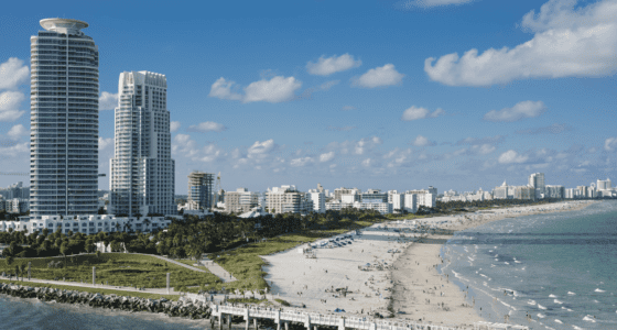 Aerial view of high end condominiums in the South Point district, Miami Beach