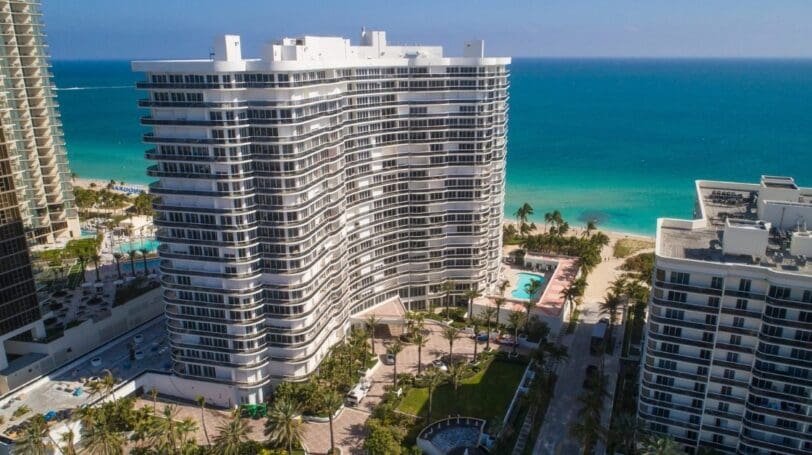 Drone View Of A South Florida Residential Tower Facing The Sea