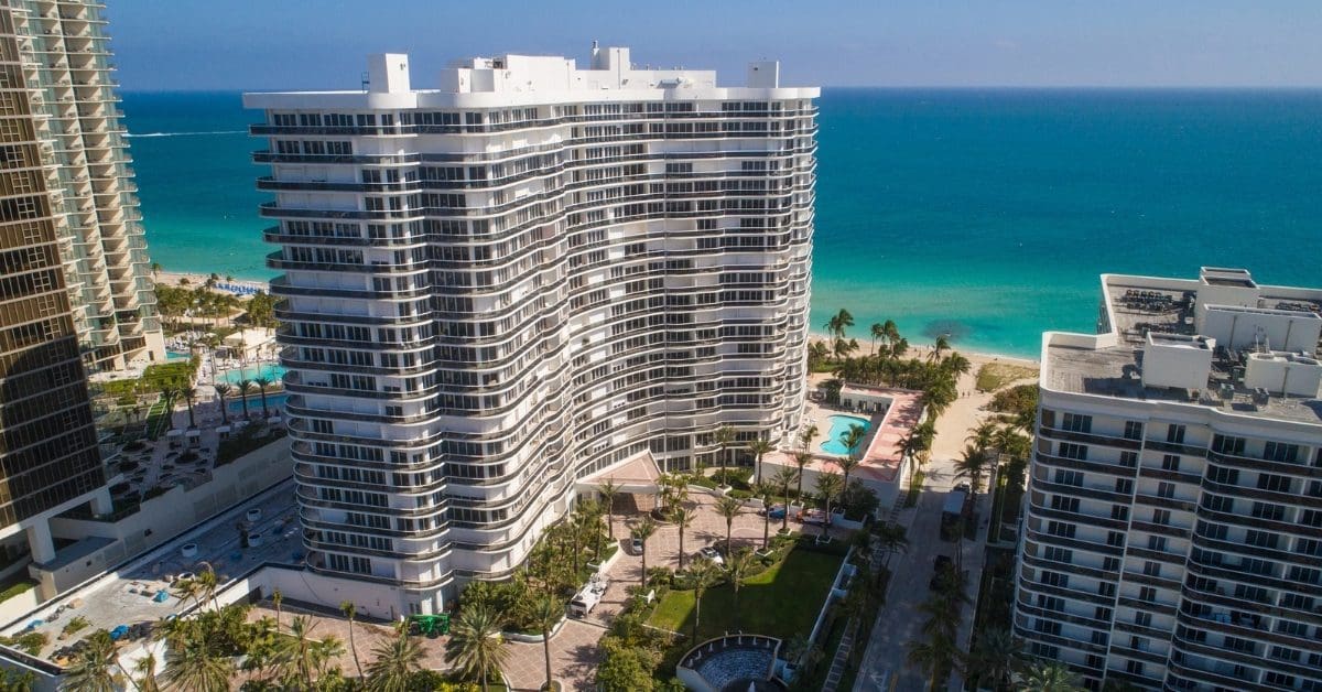 Drone View Of A South Florida Residential Tower Facing The Sea