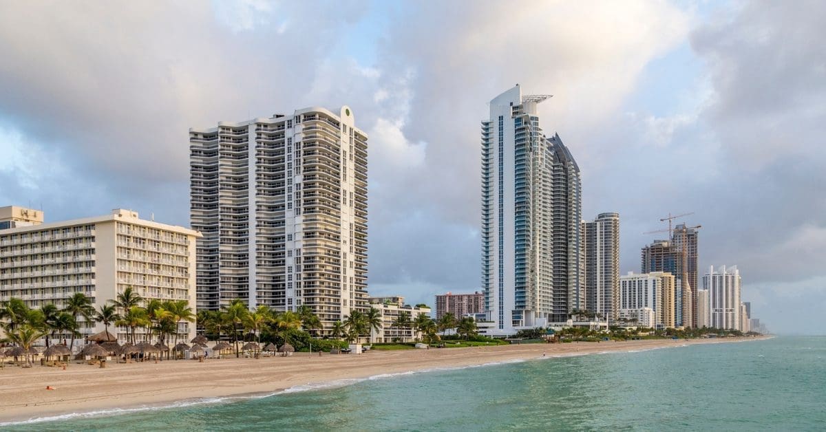Early Morning View To Beach With Skyscraper In Sunny Isles Beach, Miami, USA