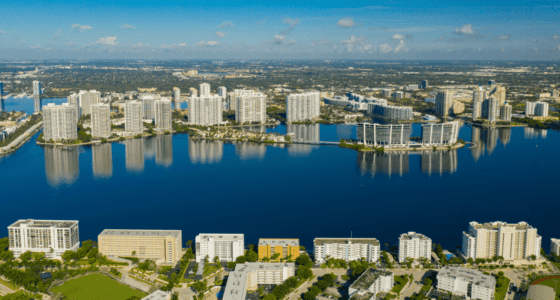 Aerial view of the Intracoastal Waterway with luxury buildings facing the water