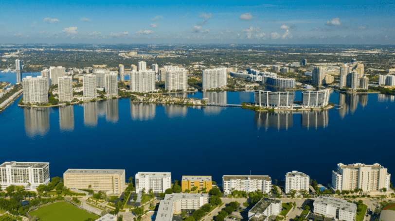 Aerial View Of The Intracoastal Waterway With Luxury Buildings Facing The Water