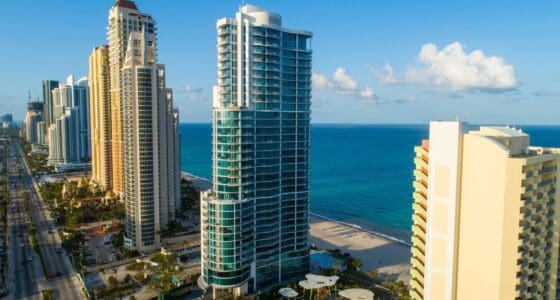 Drove view of luxury oceanfront high rises, in Sunny Isles